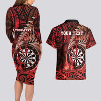 Personalised New Zealand Darts Couples Matching Long Sleeve Bodycon Dress and Hawaiian Shirt Maori Koru Dartboard Red Flame LT05 - Polynesian Pride