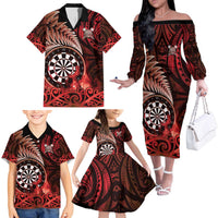 Personalised New Zealand Darts Family Matching Off The Shoulder Long Sleeve Dress and Hawaiian Shirt Maori Koru Dartboard Red Flame LT05 - Polynesian Pride