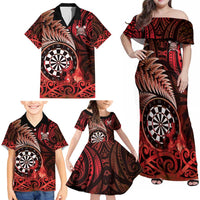 Personalised New Zealand Darts Family Matching Off Shoulder Maxi Dress and Hawaiian Shirt Maori Koru Dartboard Red Flame LT05 - Polynesian Pride