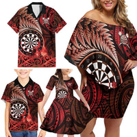 Personalised New Zealand Darts Family Matching Off Shoulder Short Dress and Hawaiian Shirt Maori Koru Dartboard Red Flame LT05 - Polynesian Pride