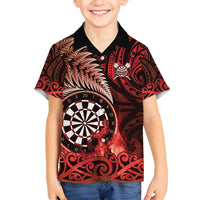 Personalised New Zealand Darts Family Matching Off Shoulder Short Dress and Hawaiian Shirt Maori Koru Dartboard Red Flame LT05 Son's Shirt Red - Polynesian Pride