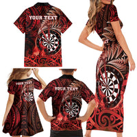 Personalised New Zealand Darts Family Matching Short Sleeve Bodycon Dress and Hawaiian Shirt Maori Koru Dartboard Red Flame LT05 - Polynesian Pride
