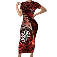 Personalised New Zealand Darts Family Matching Short Sleeve Bodycon Dress and Hawaiian Shirt Maori Koru Dartboard Red Flame LT05 Mom's Dress Red - Polynesian Pride