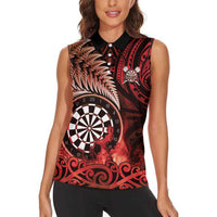 Personalised New Zealand Darts Women Sleeveless Polo Shirt Maori Koru Dartboard Red Flame