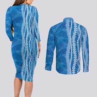 Hawaii Prince Kuhio Couples Matching Long Sleeve Bodycon Dress and Long Sleeve Button Shirt Blue Hawaiian Lau Maia With Leis