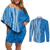 Hawaii Prince Kuhio Couples Matching Off Shoulder Short Dress and Long Sleeve Button Shirt Blue Hawaiian Lau Maia With Leis