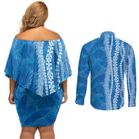 Hawaii Prince Kuhio Couples Matching Off Shoulder Short Dress and Long Sleeve Button Shirt Blue Hawaiian Lau Maia With Leis