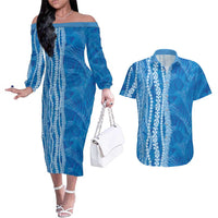 Hawaii Prince Kuhio Couples Matching Off The Shoulder Long Sleeve Dress and Hawaiian Shirt Blue Hawaiian Lau Maia With Leis LT05 Blue - Polynesian Pride