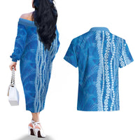Hawaii Prince Kuhio Couples Matching Off The Shoulder Long Sleeve Dress and Hawaiian Shirt Blue Hawaiian Lau Maia With Leis LT05 - Polynesian Pride