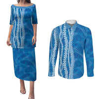 Hawaii Prince Kuhio Couples Matching Puletasi and Long Sleeve Button Shirt Blue Hawaiian Lau Maia With Leis
