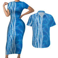Hawaii Prince Kuhio Couples Matching Short Sleeve Bodycon Dress and Hawaiian Shirt Blue Hawaiian Lau Maia With Leis LT05 Blue - Polynesian Pride