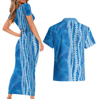 Hawaii Prince Kuhio Couples Matching Short Sleeve Bodycon Dress and Hawaiian Shirt Blue Hawaiian Lau Maia With Leis LT05 - Polynesian Pride