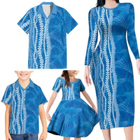 Hawaii Prince Kuhio Family Matching Long Sleeve Bodycon Dress and Hawaiian Shirt Blue Hawaiian Lau Maia With Leis LT05 - Polynesian Pride