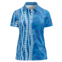 Hawaii Prince Kuhio Women Polo Shirt Blue Hawaiian Lau Maia With Leis
