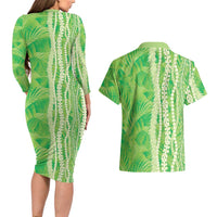 Hawaii Prince Kuhio Couples Matching Long Sleeve Bodycon Dress and Hawaiian Shirt Lime Green Hawaiian Lau Maia With Leis LT05 - Polynesian Pride