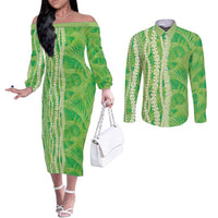 Hawaii Prince Kuhio Couples Matching Off The Shoulder Long Sleeve Dress and Long Sleeve Button Shirt Lime Green Hawaiian Lau Maia With Leis LT05 Green - Polynesian Pride
