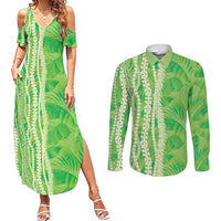 Hawaii Prince Kuhio Couples Matching Summer Maxi Dress and Long Sleeve Button Shirt Lime Green Hawaiian Lau Maia With Leis