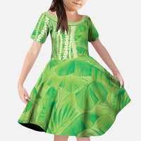 Hawaii Prince Kuhio Family Matching Mermaid Dress and Hawaiian Shirt Lime Green Hawaiian Lau Maia With Leis LT05 Daughter's Dress Green - Polynesian Pride