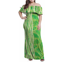 Hawaii Prince Kuhio Family Matching Off Shoulder Maxi Dress and Hawaiian Shirt Lime Green Hawaiian Lau Maia With Leis LT05 Mom's Dress Green - Polynesian Pride