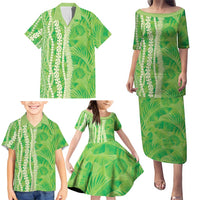 Hawaii Prince Kuhio Family Matching Puletasi and Hawaiian Shirt Lime Green Hawaiian Lau Maia With Leis LT05 - Polynesian Pride