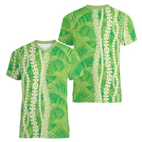 Hawaii Prince Kuhio Women V-Neck T-Shirt Lime Green Hawaiian Lau Maia With Leis