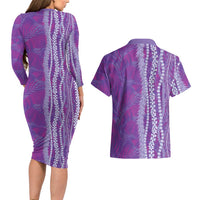 Hawaii Prince Kuhio Couples Matching Long Sleeve Bodycon Dress and Hawaiian Shirt Violet Hawaiian Lau Maia With Leis LT05 - Polynesian Pride