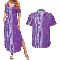 Hawaii Prince Kuhio Couples Matching Summer Maxi Dress and Hawaiian Shirt Violet Hawaiian Lau Maia With Leis