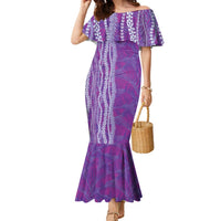 Hawaii Prince Kuhio Family Matching Mermaid Dress and Hawaiian Shirt Violet Hawaiian Lau Maia With Leis LT05 Mom's Dress Violet - Polynesian Pride