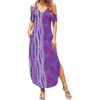 Hawaii Prince Kuhio Family Matching Summer Maxi Dress and Hawaiian Shirt Violet Hawaiian Lau Maia With Leis LT05 Mom's Dress Violet - Polynesian Pride