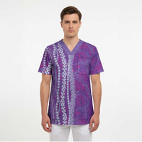 Hawaii Prince Kuhio Scrub Top Violet Hawaiian Lau Maia With Leis