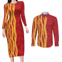 Hawaii Prince Kuhio Couples Matching Long Sleeve Bodycon Dress and Long Sleeve Button Shirt Red Hawaiian Lau Maia With Leis