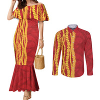 Hawaii Prince Kuhio Couples Matching Mermaid Dress and Long Sleeve Button Shirt Red Hawaiian Lau Maia With Leis