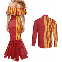 Hawaii Prince Kuhio Couples Matching Mermaid Dress and Long Sleeve Button Shirt Red Hawaiian Lau Maia With Leis
