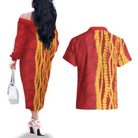 Hawaii Prince Kuhio Couples Matching Off The Shoulder Long Sleeve Dress and Hawaiian Shirt Red Hawaiian Lau Maia With Leis LT05 - Polynesian Pride