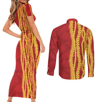Hawaii Prince Kuhio Couples Matching Short Sleeve Bodycon Dress and Long Sleeve Button Shirt Red Hawaiian Lau Maia With Leis