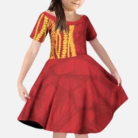 Hawaii Prince Kuhio Family Matching Long Sleeve Bodycon Dress and Hawaiian Shirt Red Hawaiian Lau Maia With Leis LT05 Daughter's Dress Red - Polynesian Pride