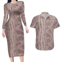 Hawaii Prince Kuhio Couples Matching Long Sleeve Bodycon Dress and Hawaiian Shirt Mocha Hawaiian Lau Maia With Leis LT05 Mocha - Polynesian Pride