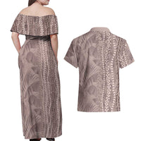 Hawaii Prince Kuhio Couples Matching Off Shoulder Maxi Dress and Hawaiian Shirt Mocha Hawaiian Lau Maia With Leis