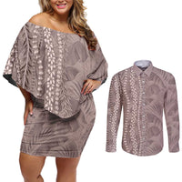 Hawaii Prince Kuhio Couples Matching Off Shoulder Short Dress and Long Sleeve Button Shirt Mocha Hawaiian Lau Maia With Leis