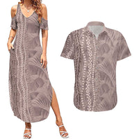 Hawaii Prince Kuhio Couples Matching Summer Maxi Dress and Hawaiian Shirt Mocha Hawaiian Lau Maia With Leis
