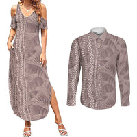 Hawaii Prince Kuhio Couples Matching Summer Maxi Dress and Long Sleeve Button Shirt Mocha Hawaiian Lau Maia With Leis