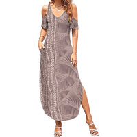 Hawaii Prince Kuhio Family Matching Summer Maxi Dress and Hawaiian Shirt Mocha Hawaiian Lau Maia With Leis LT05 Mom's Dress Mocha - Polynesian Pride