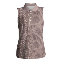 Hawaii Prince Kuhio Women Sleeveless Polo Shirt Mocha Hawaiian Lau Maia With Leis