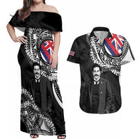 Personalised Hawaii Prince Kuhio Couples Matching Off Shoulder Maxi Dress and Hawaiian Shirt Hawaiian Maile Lei