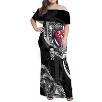 Personalised Hawaii Prince Kuhio Family Matching Off Shoulder Maxi Dress and Hawaiian Shirt Hawaiian Maile Lei LT05 Mom's Dress Black - Polynesian Pride