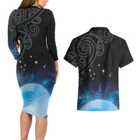 New Zealand Matariki Couples Matching Long Sleeve Bodycon Dress and Hawaiian Shirt Pleiades Star Cluster Blue Galaxy LT05 - Polynesian Pride