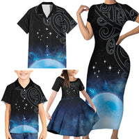 New Zealand Matariki Family Matching Short Sleeve Bodycon Dress and Hawaiian Shirt Pleiades Star Cluster Blue Galaxy LT05 - Polynesian Pride