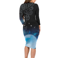 New Zealand Matariki Long Sleeve Bodycon Dress Pleiades Star Cluster Blue Galaxy