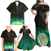 New Zealand Matariki Family Matching Off Shoulder Maxi Dress and Hawaiian Shirt Pleiades Star Cluster Green Galaxy LT05 - Polynesian Pride