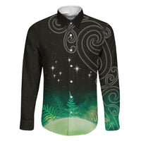 New Zealand Matariki Family Matching Off Shoulder Short Dress and Hawaiian Shirt Pleiades Star Cluster Green Galaxy LT05 Dad's Shirt - Long Sleeve Green - Polynesian Pride